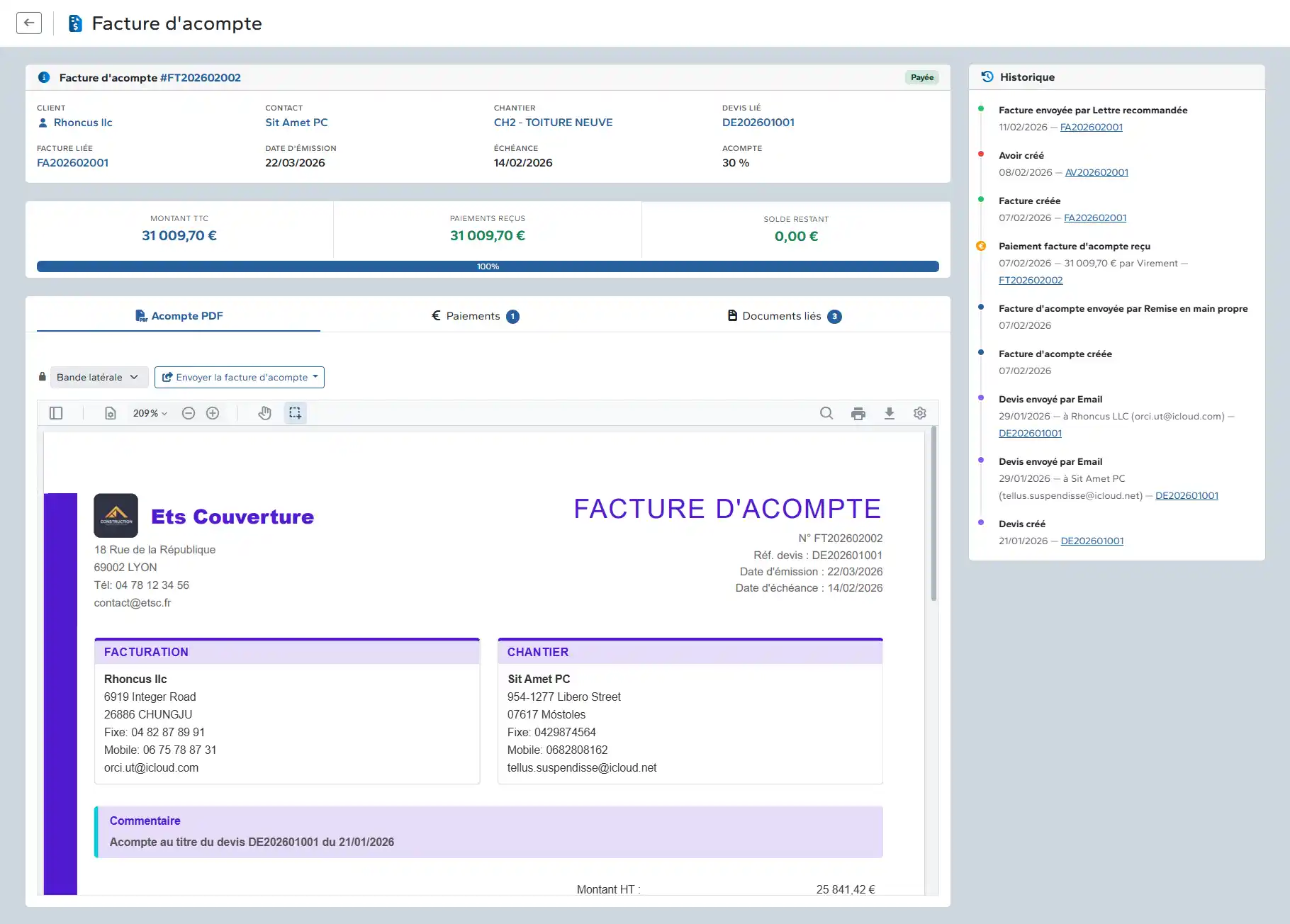 Facture d'acompte détails